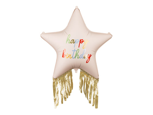 Balon din folie în formă de stea, cu franjuri, „Happy Birthday”