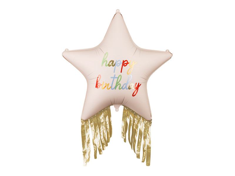 Balon din folie în formă de stea, cu franjuri, „Happy Birthday”