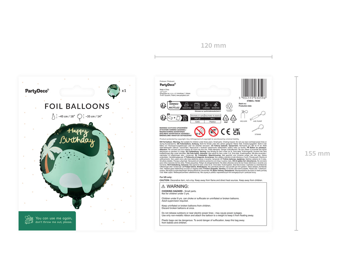 Foil Balloon Disc Brontosaurus, 35x35 cm, mix